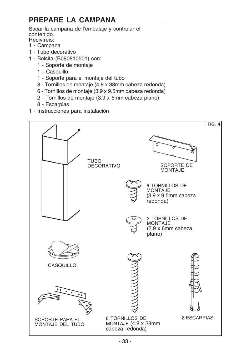 Prepare la campana | Broan E55000 User Manual | Page 33 / 44