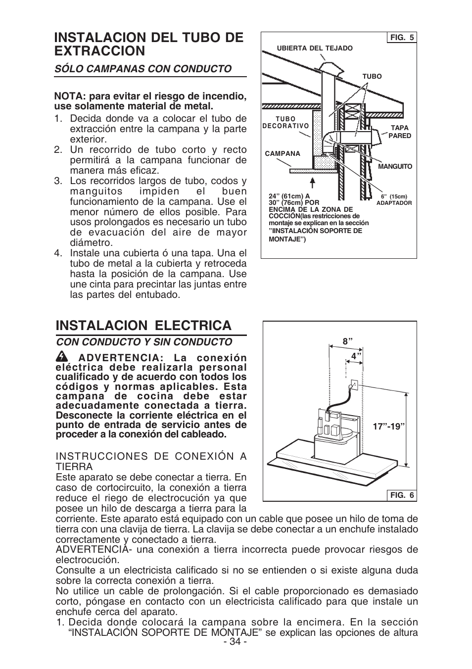 Instalacion del tubo de extraccion, Instalacion electrica | Broan E55000 User Manual | Page 34 / 44