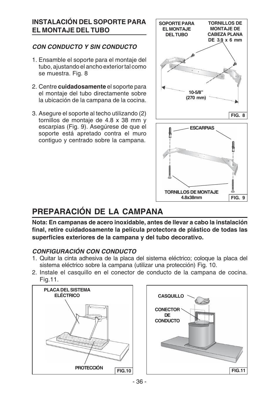 Preparación de la campana, Instalación del soporte para el montaje del tubo | Broan E55000 User Manual | Page 36 / 44