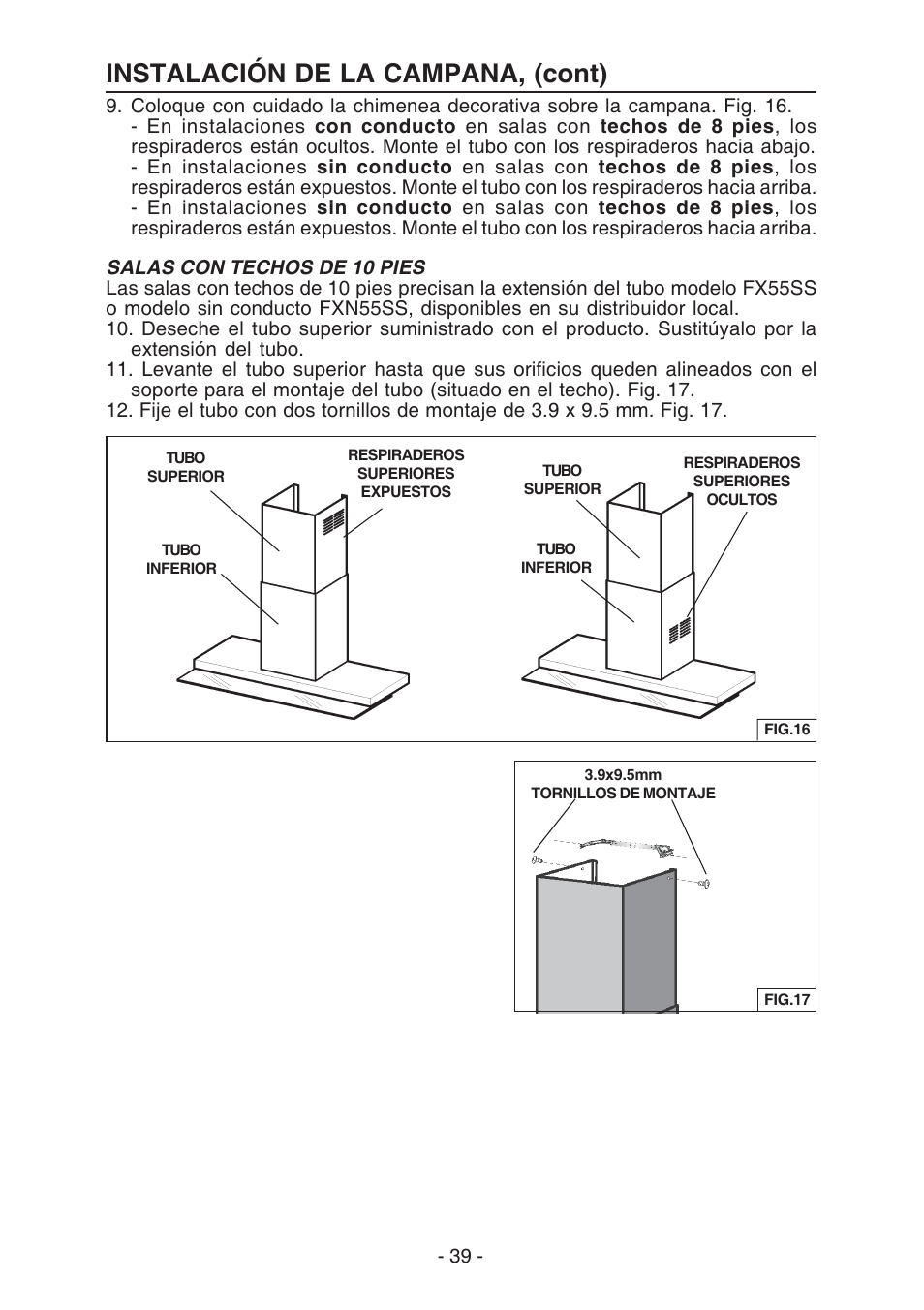 Instalación de la campana, (cont) | Broan E55000 User Manual | Page 39 / 44