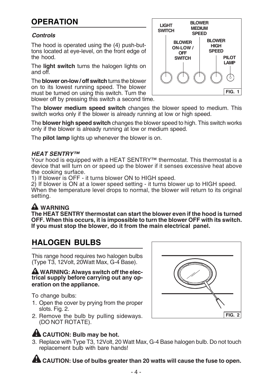 Halogen bulbs, Operation | Broan E55000 User Manual | Page 4 / 44