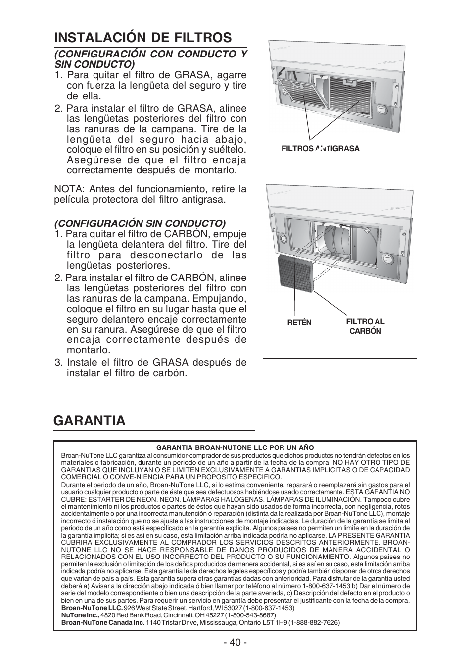 Garantia, Instalación de filtros | Broan E55000 User Manual | Page 40 / 44