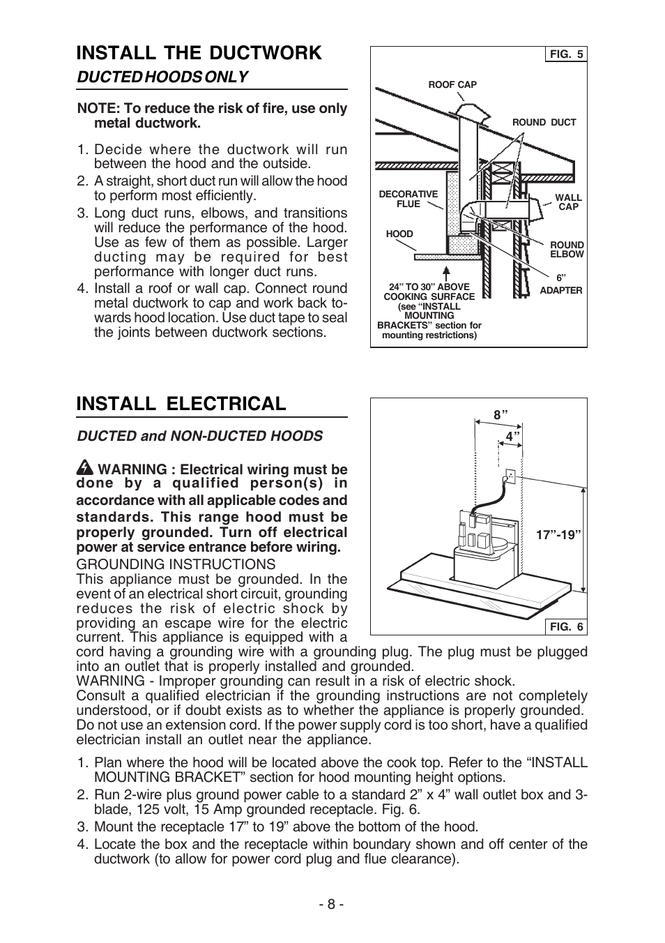 Install the ductwork, Install electrical, Ducted hoods only | Broan E55000 User Manual | Page 8 / 44