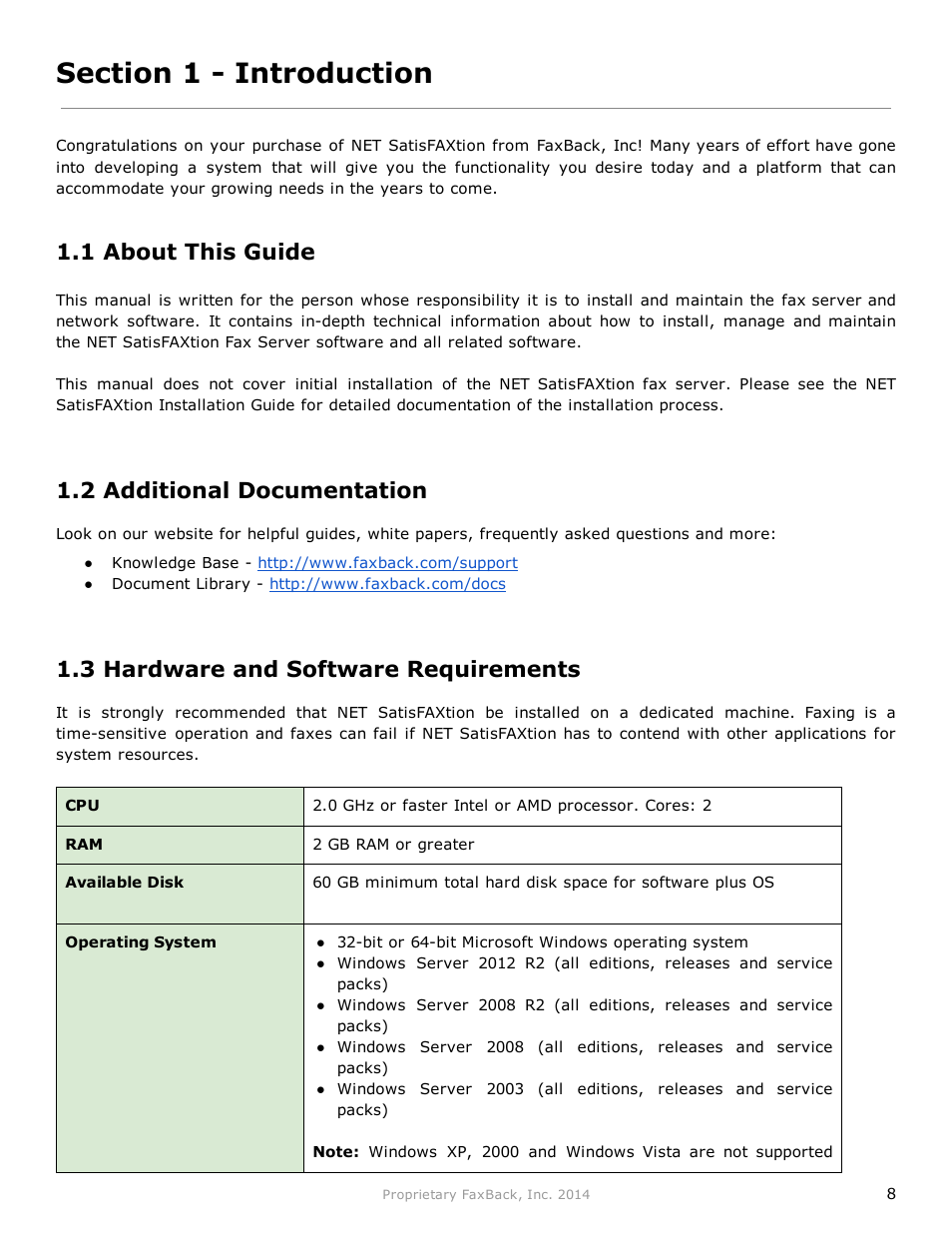1 about this guide, 2 additional documentation, 3 hardware and software requirements | FaxBack NET SatisFAXtion 9.0 - Fax Server Manual User Manual | Page 8 / 203