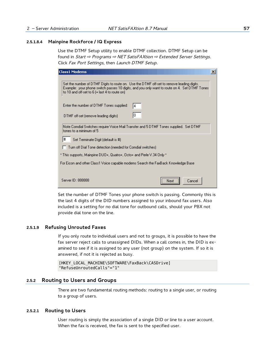4 mainpine rockforce / iq express, 9 refusing unrouted faxes, 2 routing to users and groups | 1 routing to users | FaxBack NET SatisFAXtion 8.7 (Including R3) - Manual User Manual | Page 57 / 238