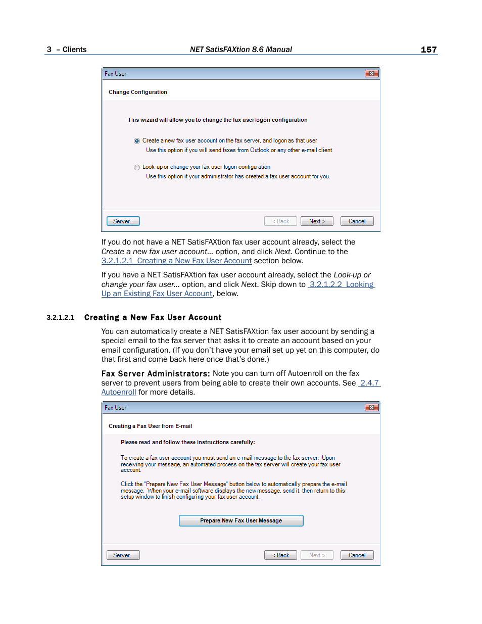 1 creating a new fax user account | FaxBack NET SatisFAXtion 8.6 - Manual User Manual | Page 157 / 240