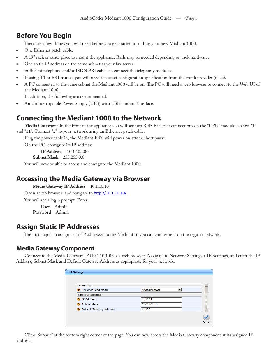 Before you begin, Connecting the mediant 1000 to the network, Accessing the media gateway via browser | Assign static ip addresses, Media gateway component | FaxBack AudioCodes Mediant 1000 - Configuration Guide User Manual | Page 3 / 13