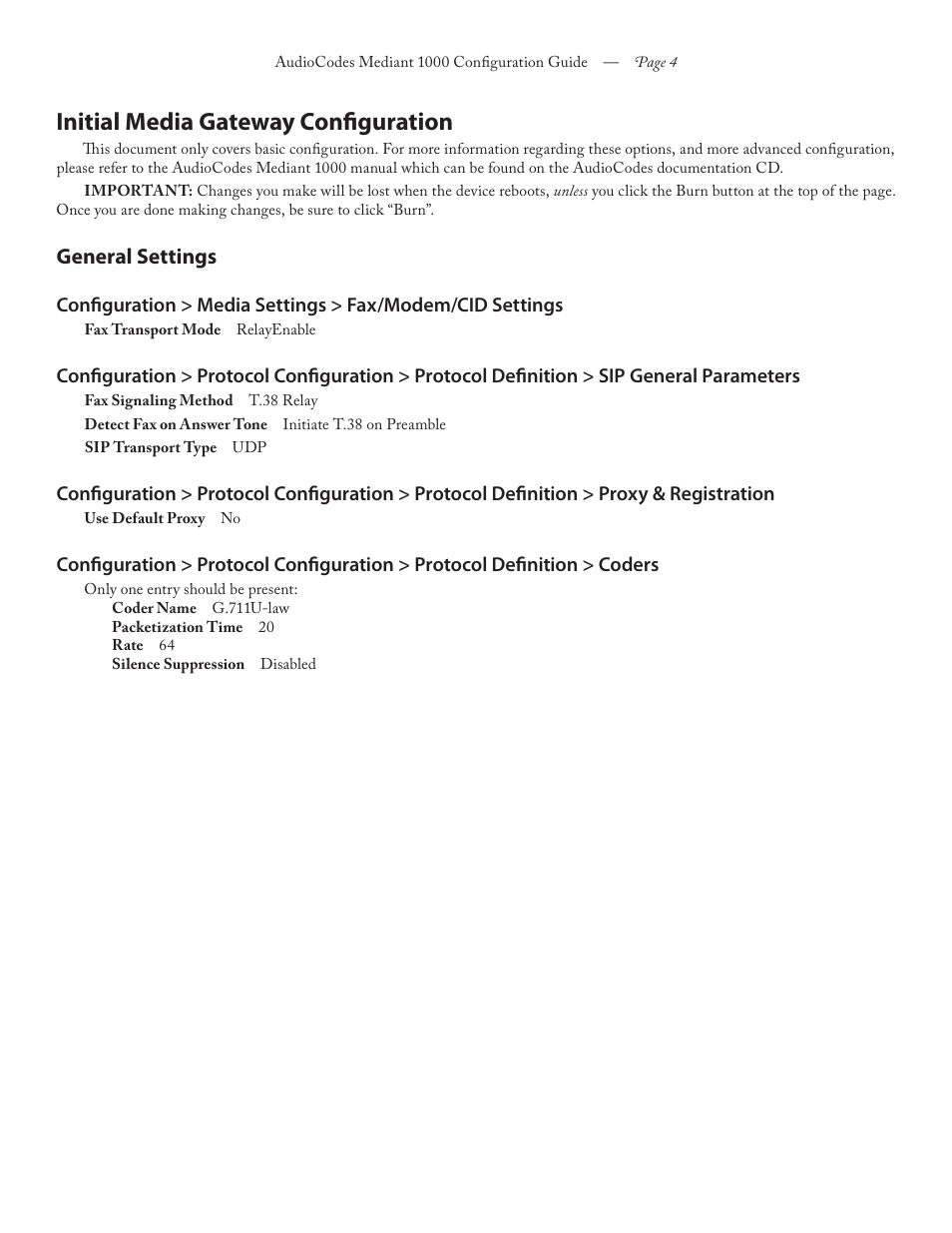Initial media gateway configuration, General settings | FaxBack AudioCodes Mediant 1000 - Configuration Guide User Manual | Page 4 / 13