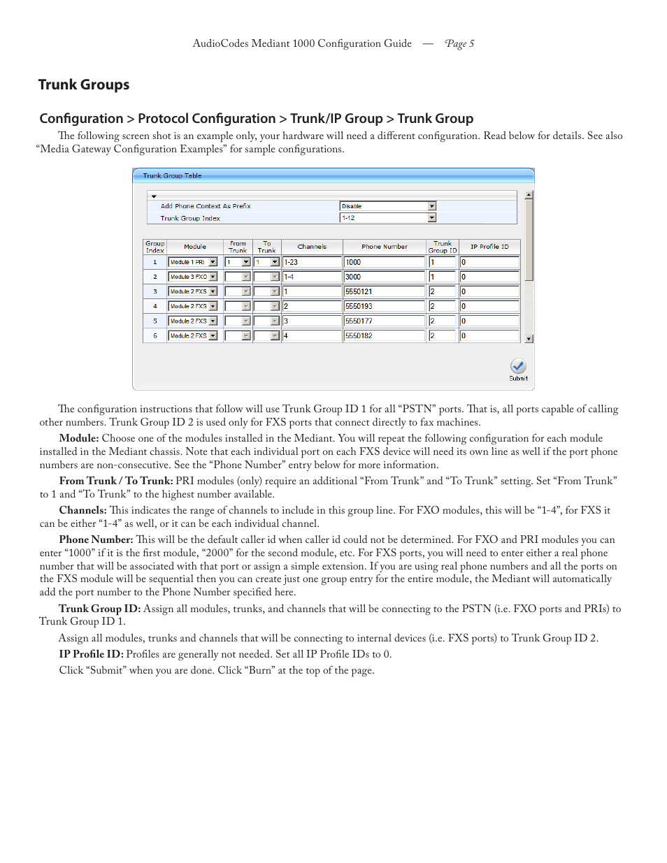 Trunk groups | FaxBack AudioCodes Mediant 1000 - Configuration Guide User Manual | Page 5 / 13