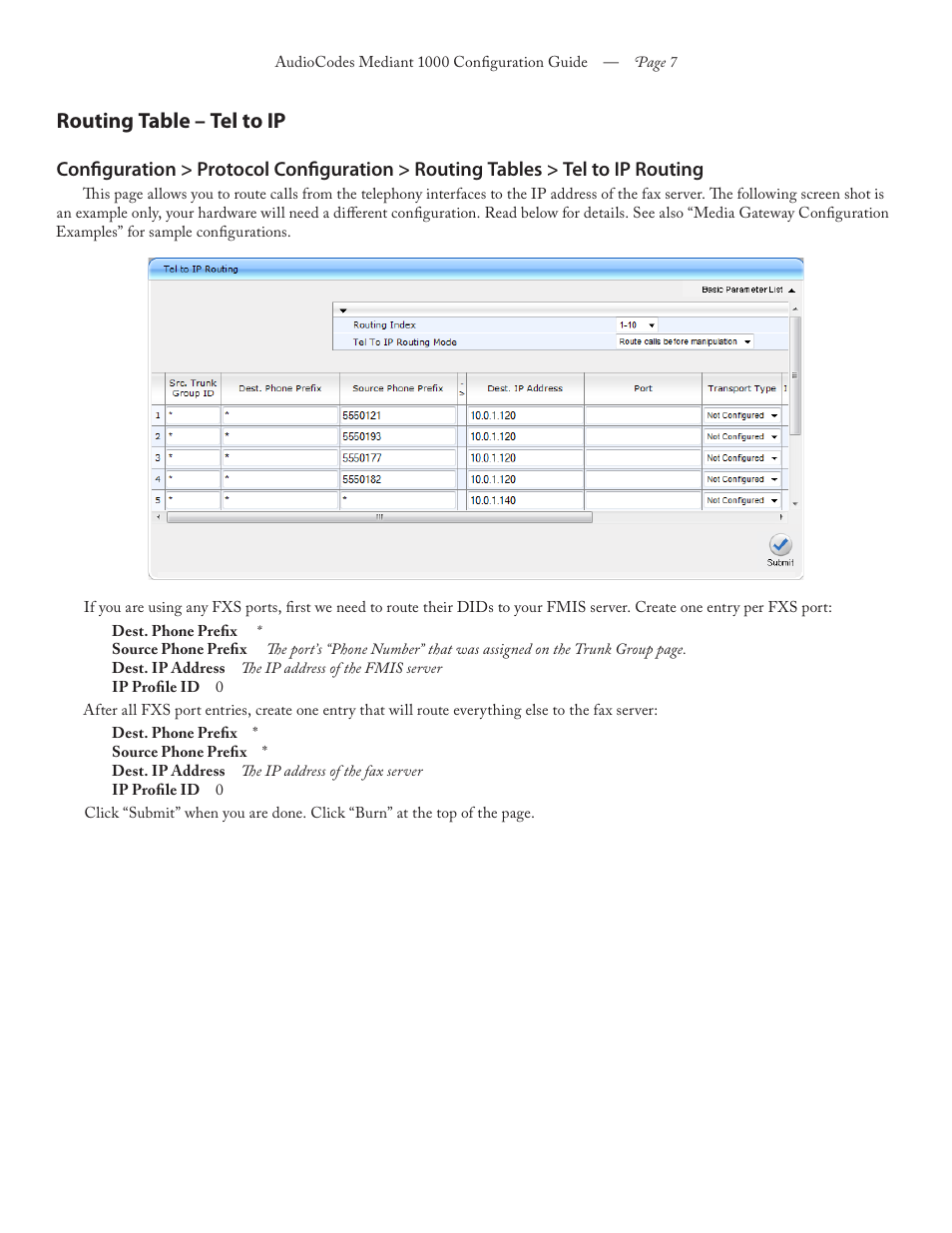 Routing table – tel to ip | FaxBack AudioCodes Mediant 1000 - Configuration Guide User Manual | Page 7 / 13
