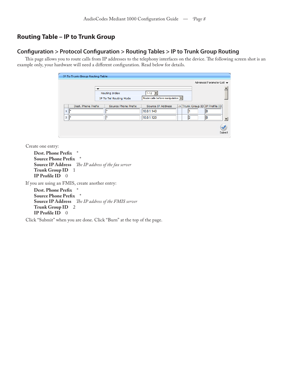 Routing table – ip to trunk group | FaxBack AudioCodes Mediant 1000 - Configuration Guide User Manual | Page 8 / 13