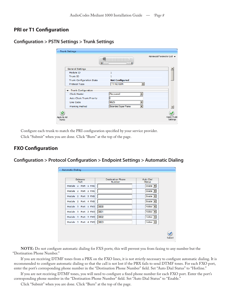 Pri or t1 configuration, Fxo configuration | FaxBack Mediant 1000 Appliance - Installation Guide User Manual | Page 8 / 18