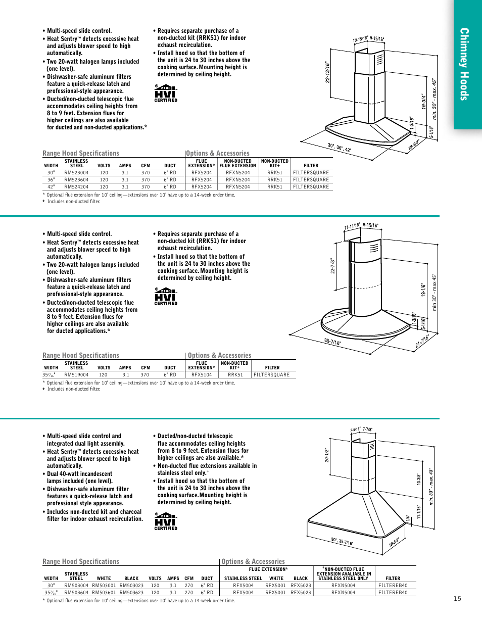 Chimne y hoods, Range hood specifications options & accessories | Broan 61000EX User Manual | Page 15 / 48