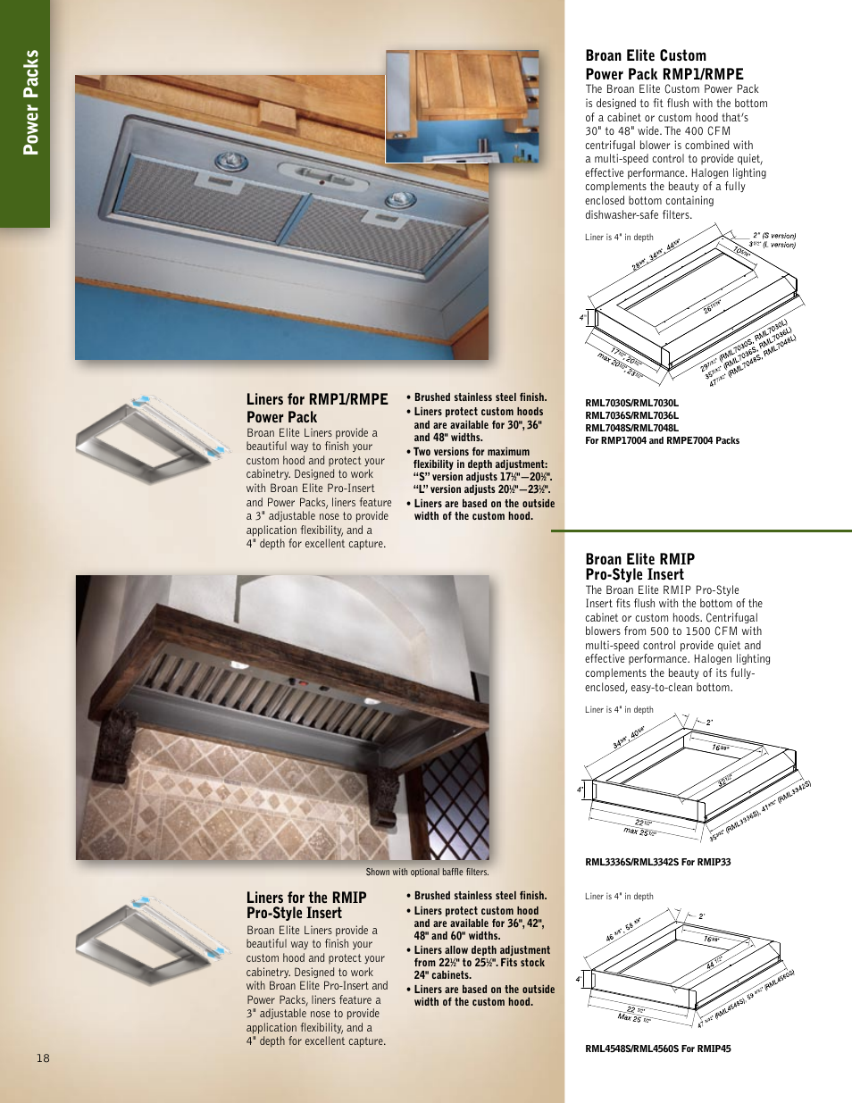 Power packs, Liners for rmp1/rmpe power pack, Broan elite custom power pack rmp1/rmpe | Broan elite rmip pro-style insert, Liners for the rmip pro-style insert | Broan 61000EX User Manual | Page 18 / 48