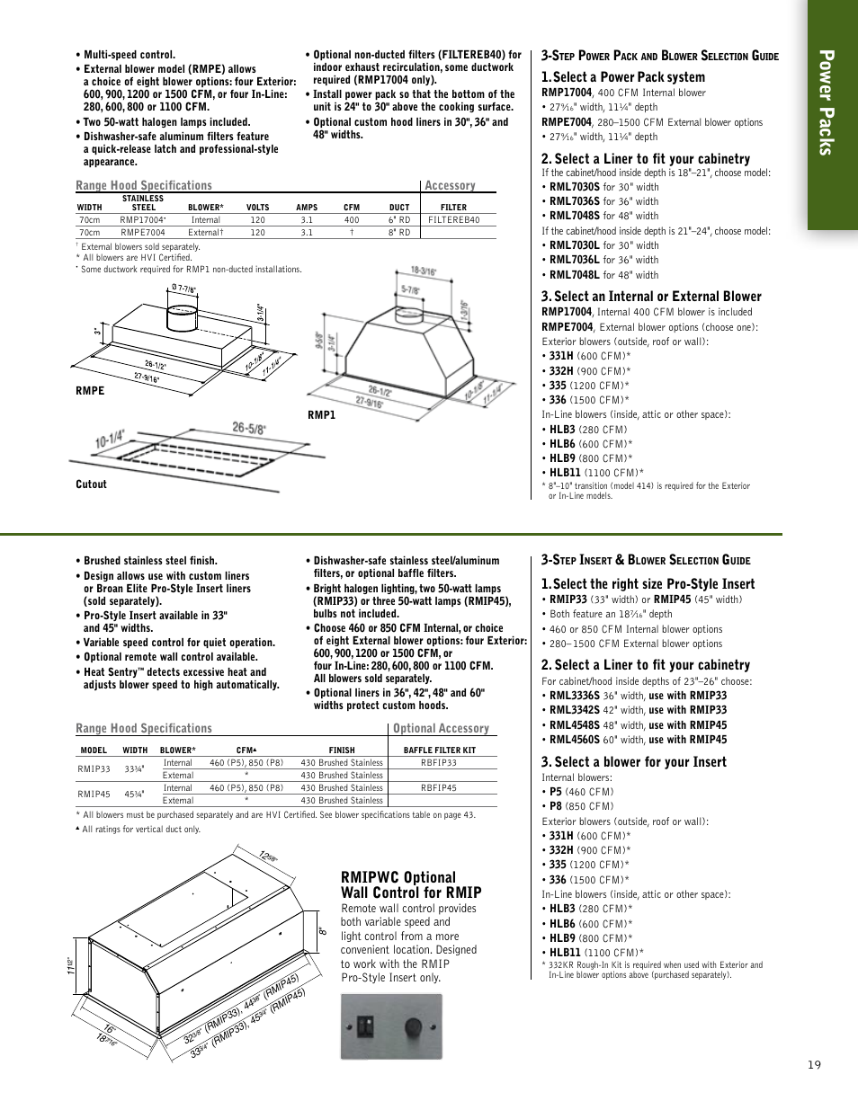 Power packs, Rmipwc optional wall control for rmip, Select a power pack system | Select a liner to fit your cabinetry, Select an internal or external blower, Select the right size pro-style insert, Select a blower for your insert | Broan 61000EX User Manual | Page 19 / 48