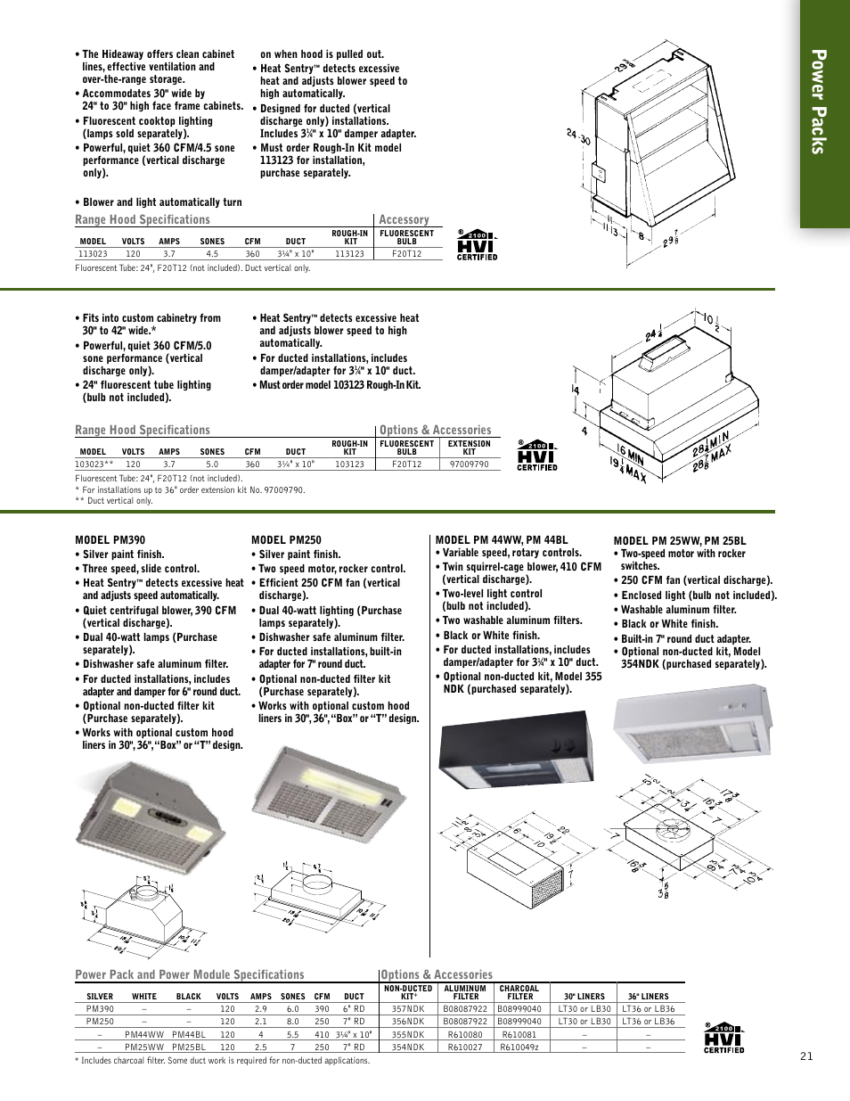 Power packs, Range hood specifications options & accessories, Range hood specifications accessory | Broan 61000EX User Manual | Page 21 / 48