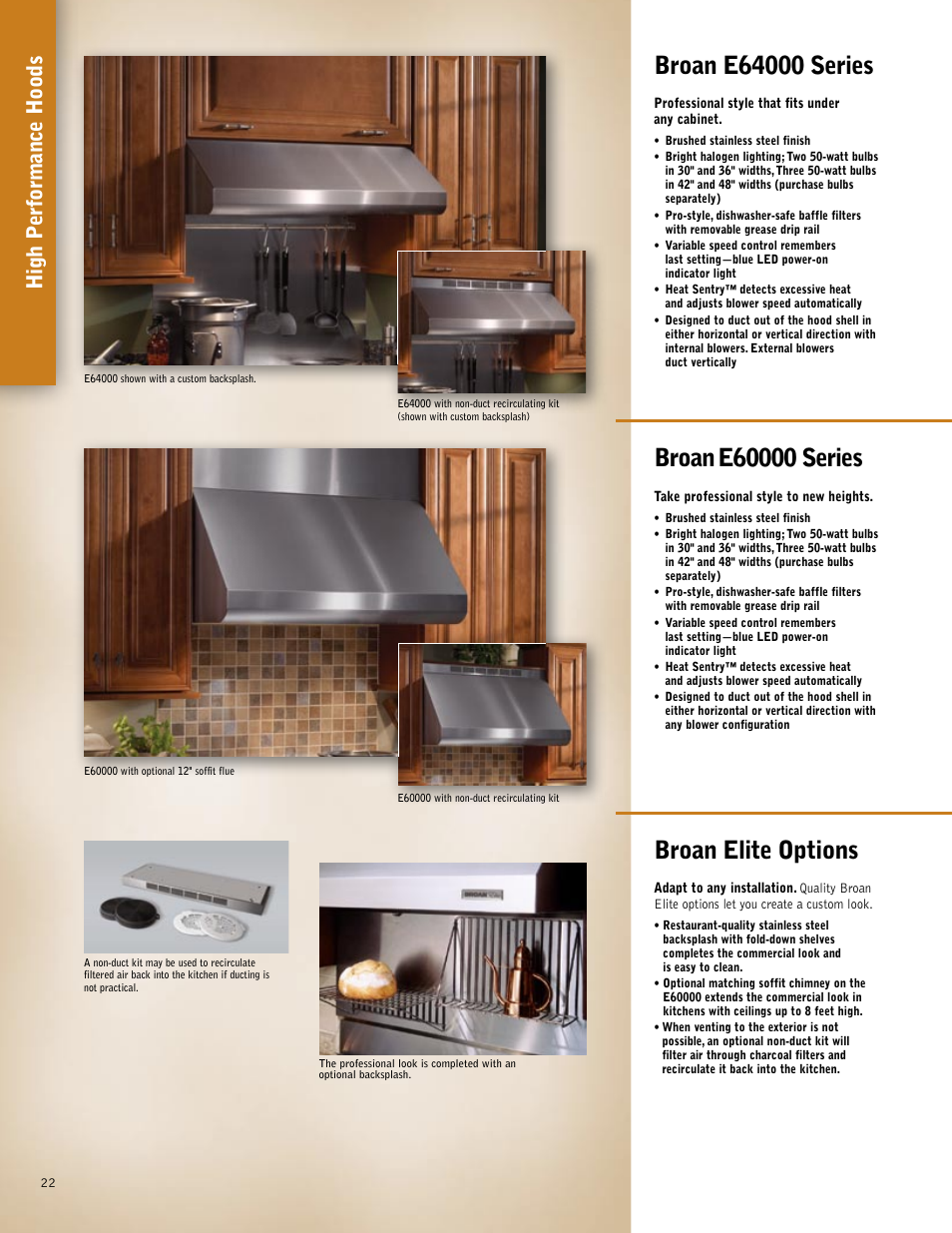 Broan elite options, High p erf ormance hoods | Broan 61000EX User Manual | Page 22 / 48