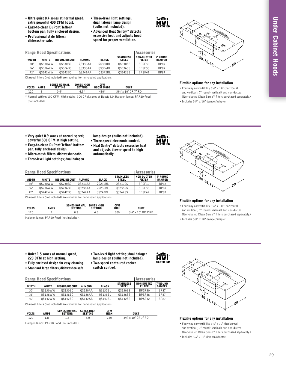 Under cabinet hoods, Range hood specifications accessories | Broan 61000EX User Manual | Page 29 / 48