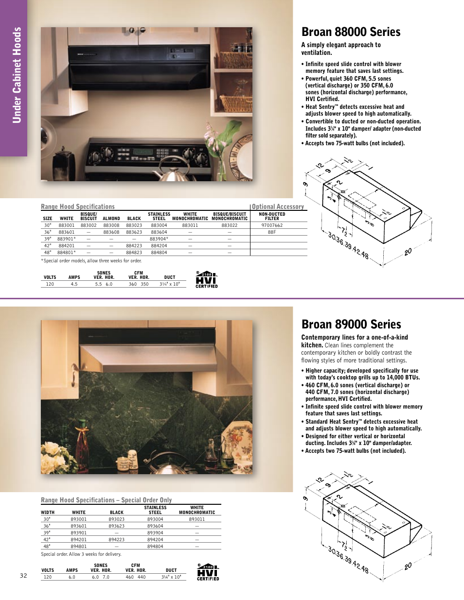 Under cabinet hoods, A simply elegant approach to ventilation, Range hood specifications – special order only | Range hood specifications optional accessory | Broan 61000EX User Manual | Page 32 / 48