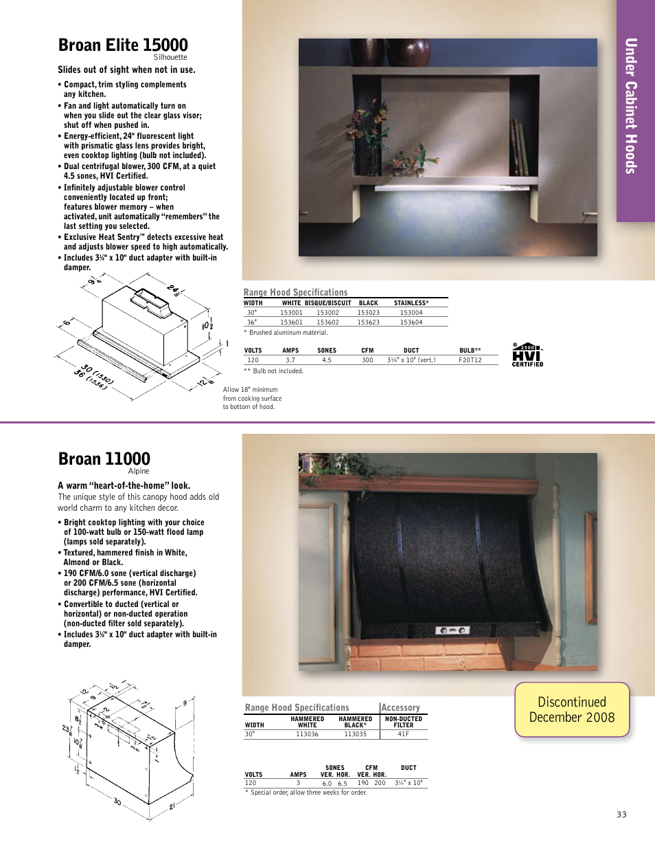 Under cabinet hoods, Discontinued december 2008 | Broan 61000EX User Manual | Page 33 / 48