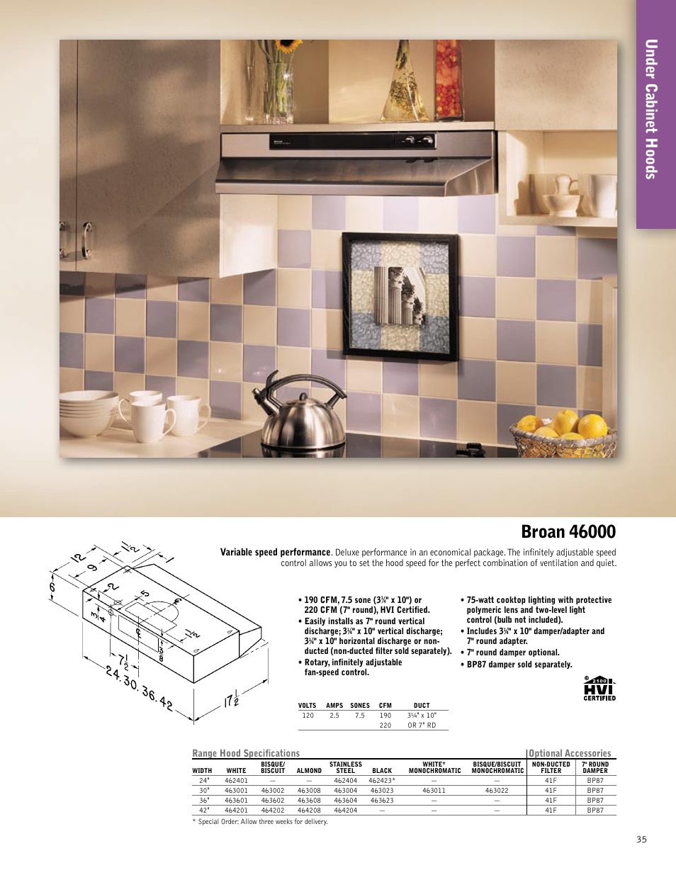 Under cabinet hoods, Range hood specifications optional accessories | Broan 61000EX User Manual | Page 35 / 48