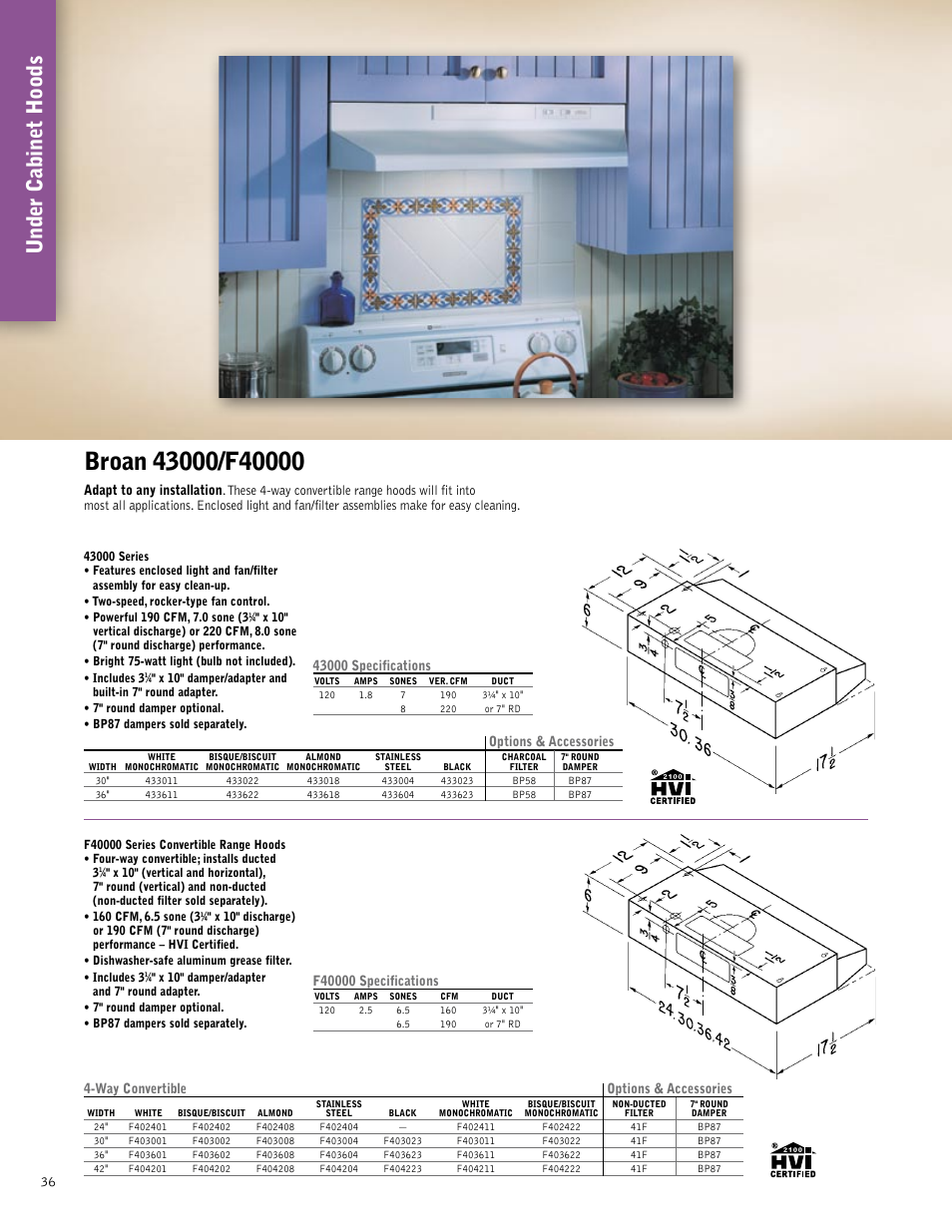 Under cabinet hoods, Options & accessories, Way convertible options & accessories | Broan 61000EX User Manual | Page 36 / 48