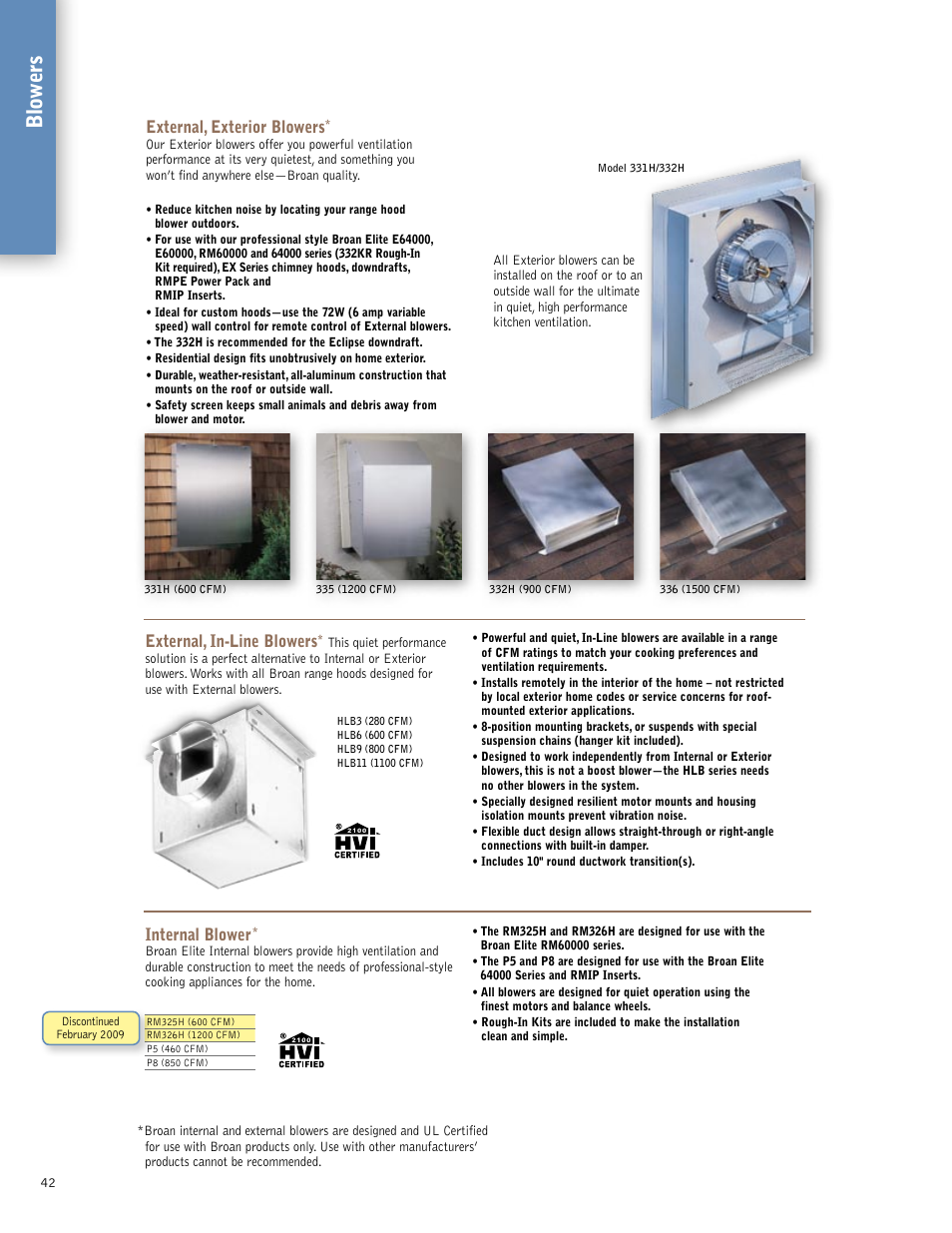 Blo wers, External, exterior blowers, External, in-line blowers | Internal blower | Broan 61000EX User Manual | Page 42 / 48