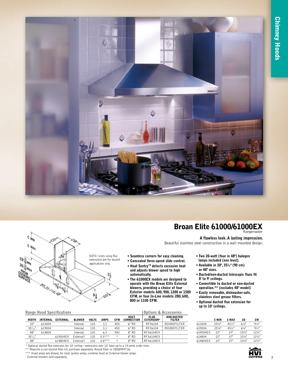 Chimne y hoods, Range hood specifications options & accessories | Broan 61000EX User Manual | Page 7 / 48