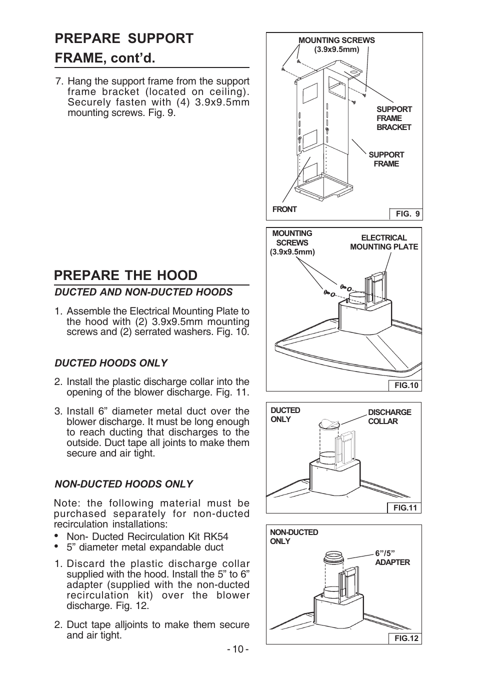 Prepare support frame, cont’d, Prepare the hood | Broan E54000 User Manual | Page 10 / 44