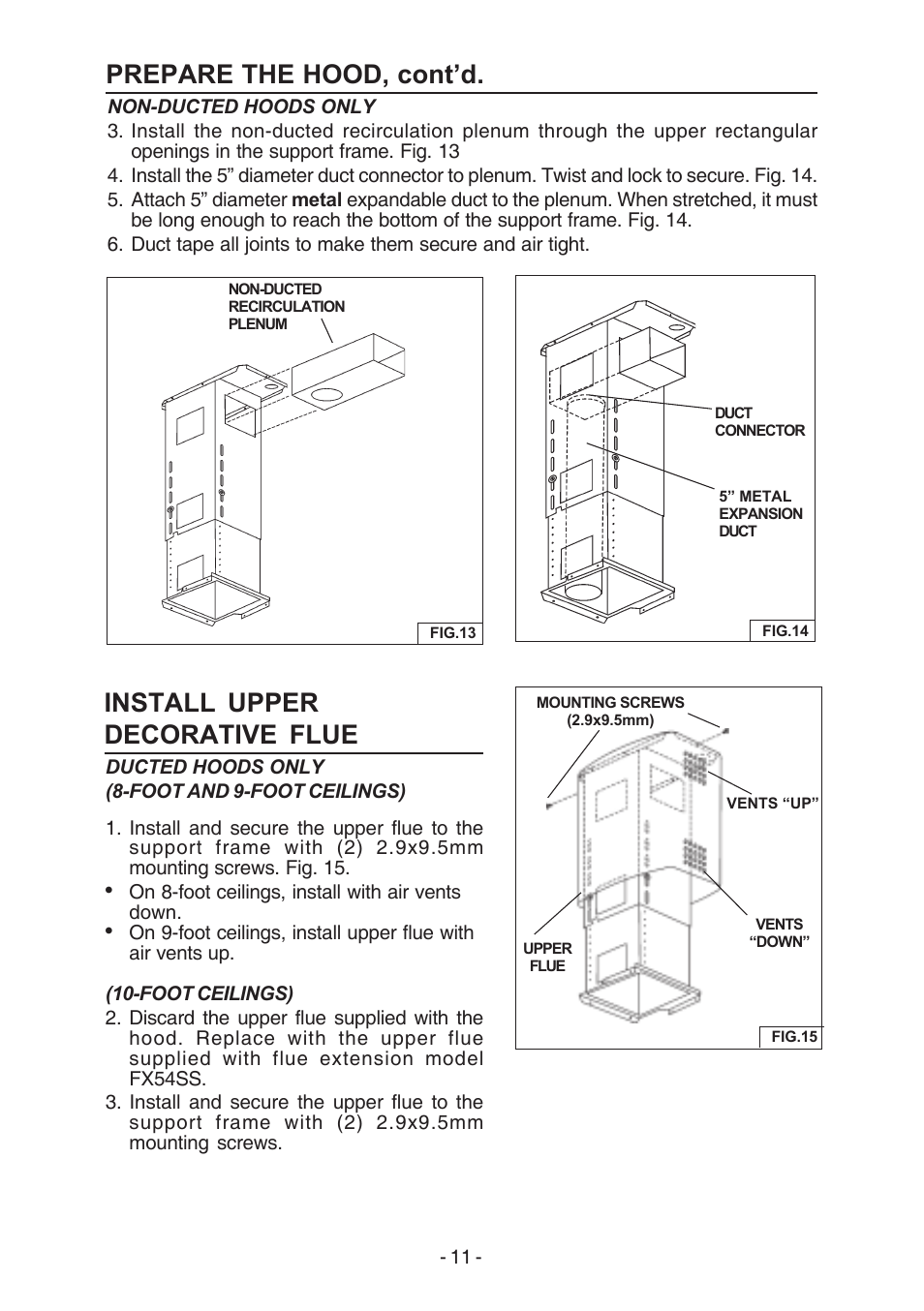 Prepare the hood, cont’d, Install upper decorative flue | Broan E54000 User Manual | Page 11 / 44