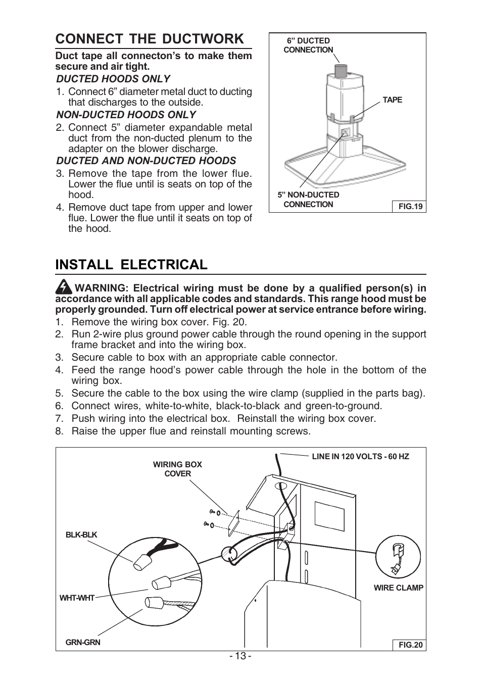 Connect the ductwork, Install electrical | Broan E54000 User Manual | Page 13 / 44