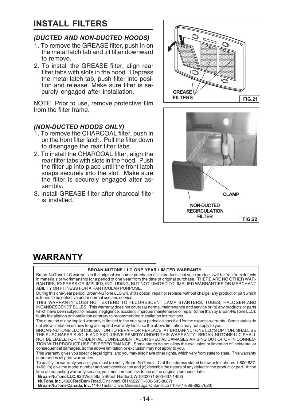 Install filters, Warranty | Broan E54000 User Manual | Page 14 / 44