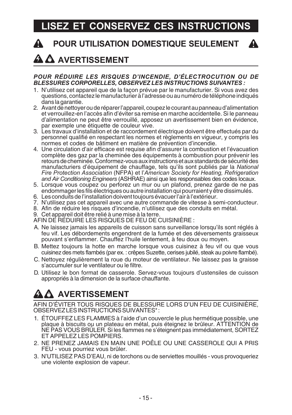 Lisez et conservez ces instructions, Avertissement, Pour utilisation domestique seulement | Broan E54000 User Manual | Page 15 / 44