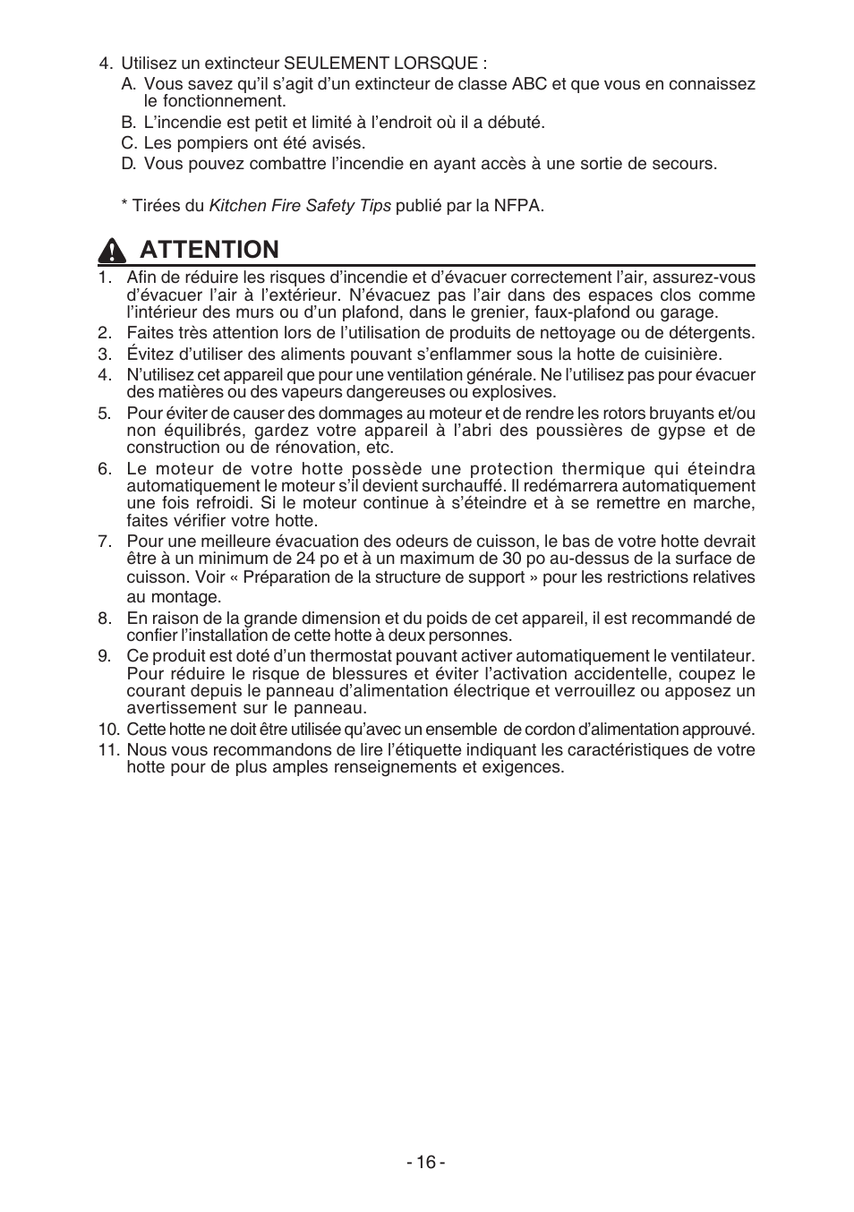 Attention | Broan E54000 User Manual | Page 16 / 44