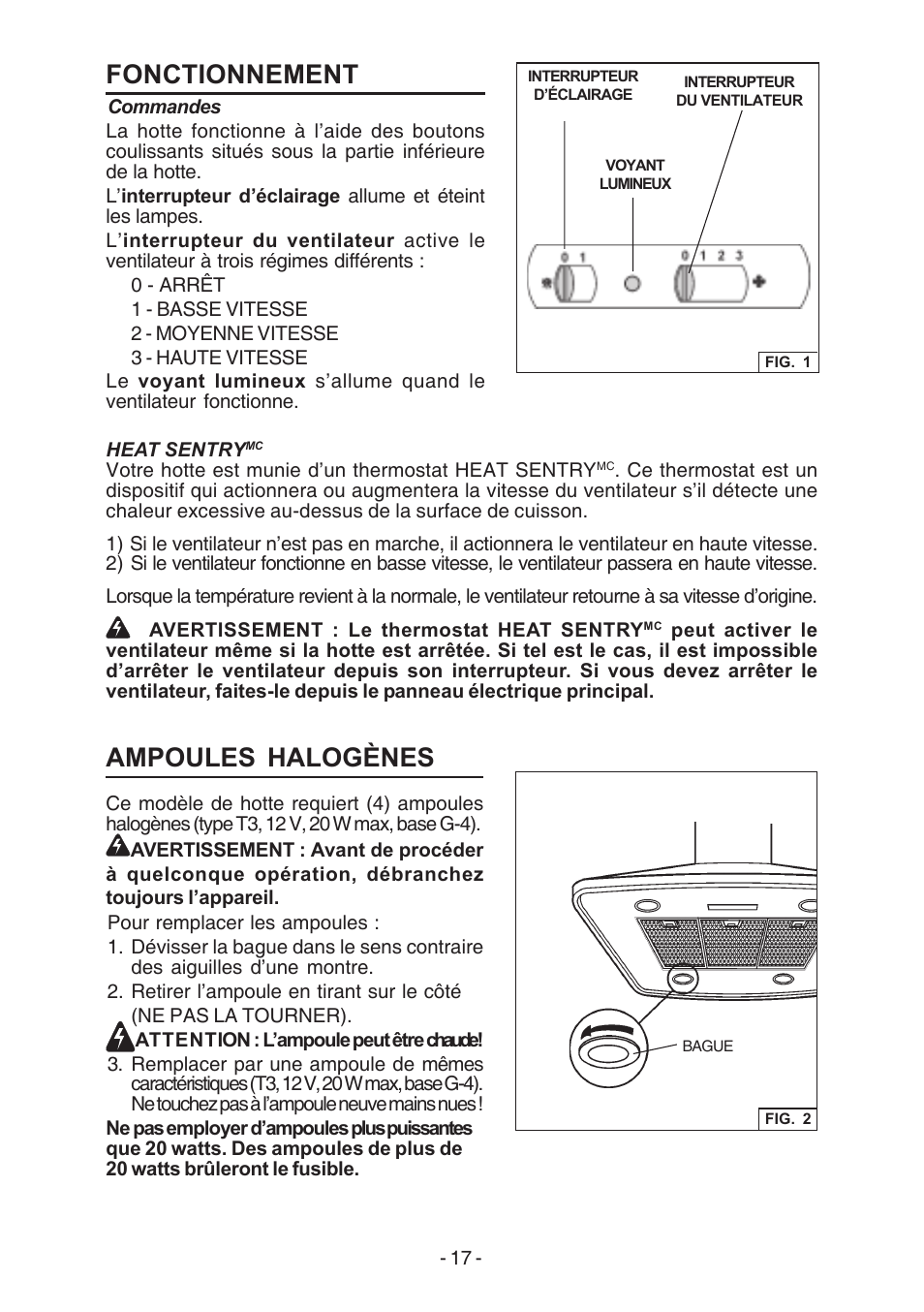 Fonctionnement, Ampoules halogènes | Broan E54000 User Manual | Page 17 / 44