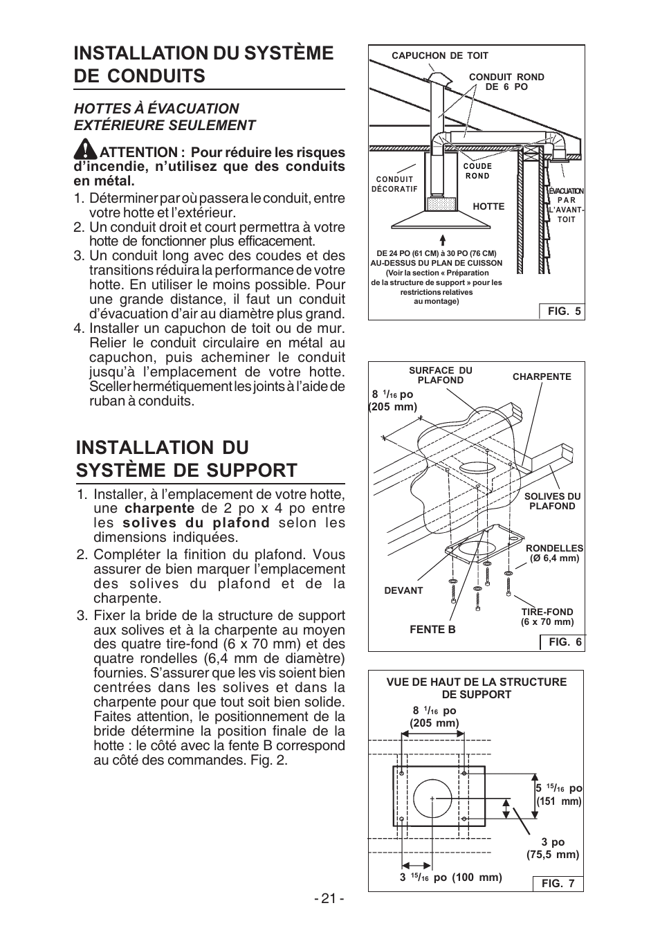 Installation du système de conduits, Installation du système de support | Broan E54000 User Manual | Page 21 / 44