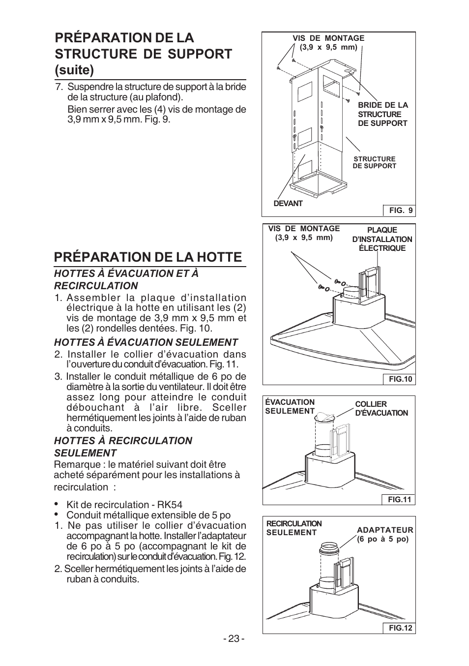 Préparation de la structure de support (suite), Préparation de la hotte | Broan E54000 User Manual | Page 23 / 44