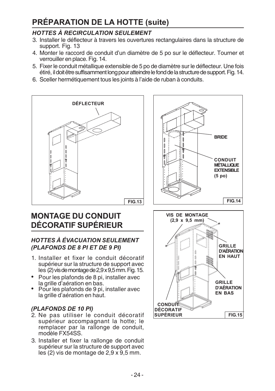 Préparation de la hotte (suite), Montage du conduit décoratif supérieur | Broan E54000 User Manual | Page 24 / 44