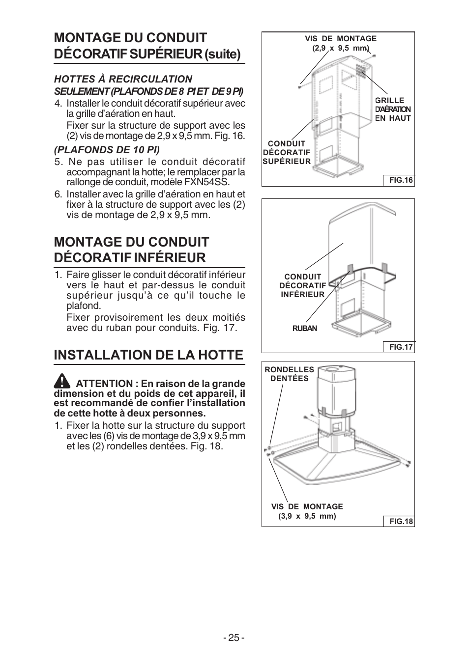 Montage du conduit décoratif supérieur (suite), Montage du conduit décoratif inférieur, Installation de la hotte | Broan E54000 User Manual | Page 25 / 44