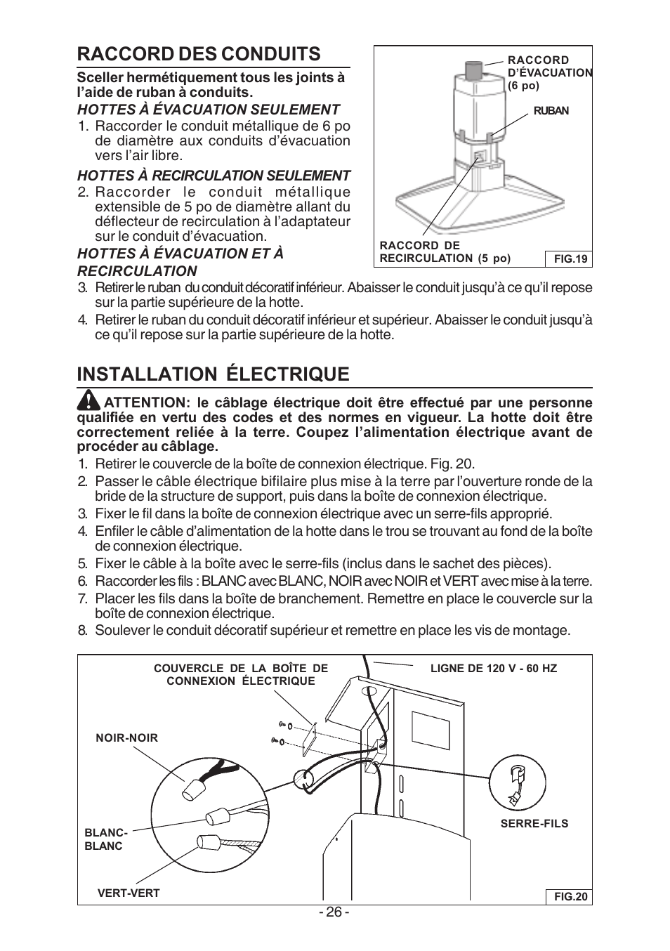 Raccord des conduits, Installation électrique | Broan E54000 User Manual | Page 26 / 44