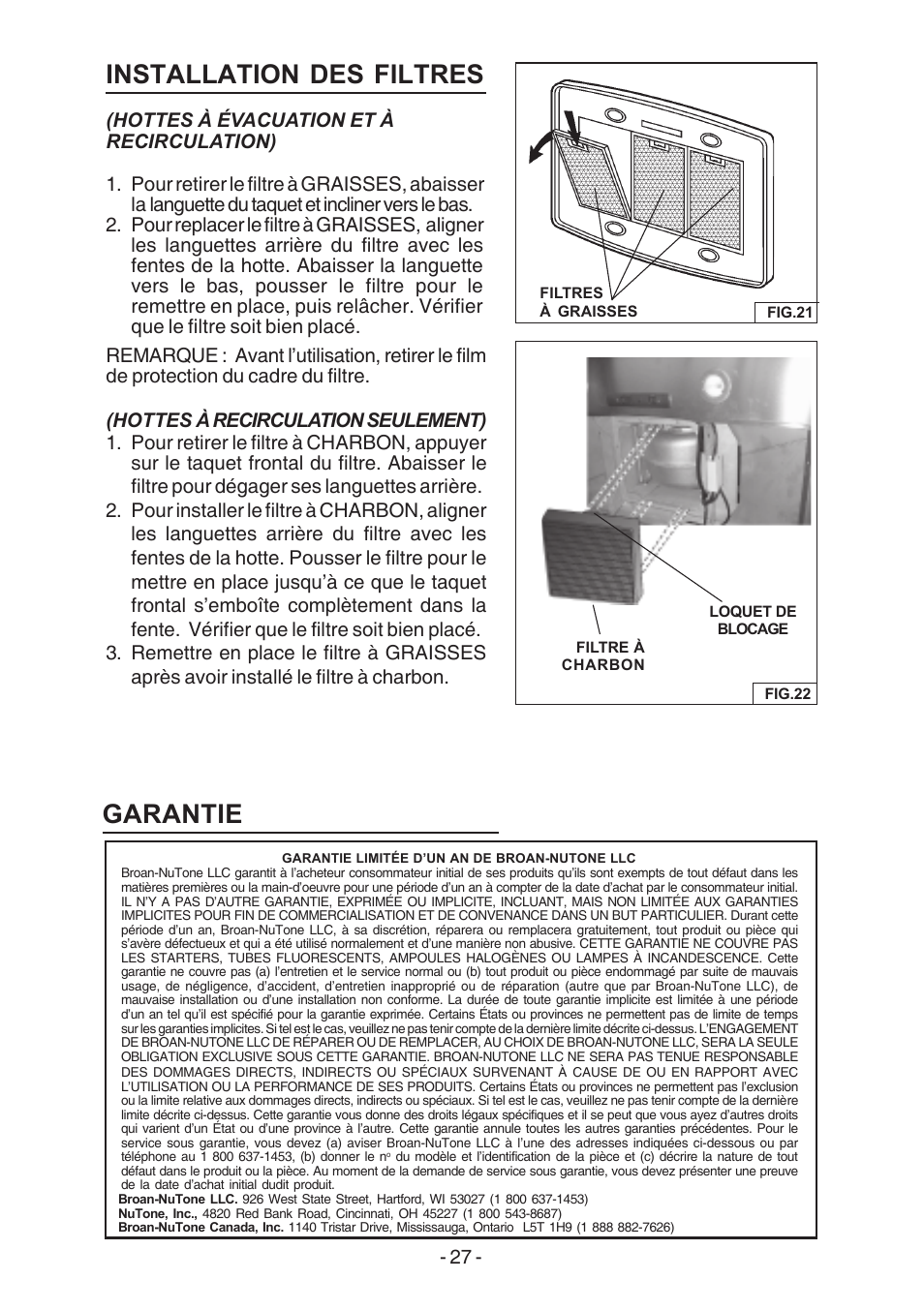 Installation des filtres, Garantie | Broan E54000 User Manual | Page 27 / 44