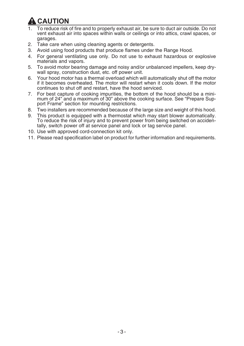 Caution | Broan E54000 User Manual | Page 3 / 44