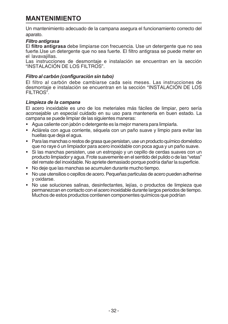 Mantenimiento | Broan E54000 User Manual | Page 32 / 44