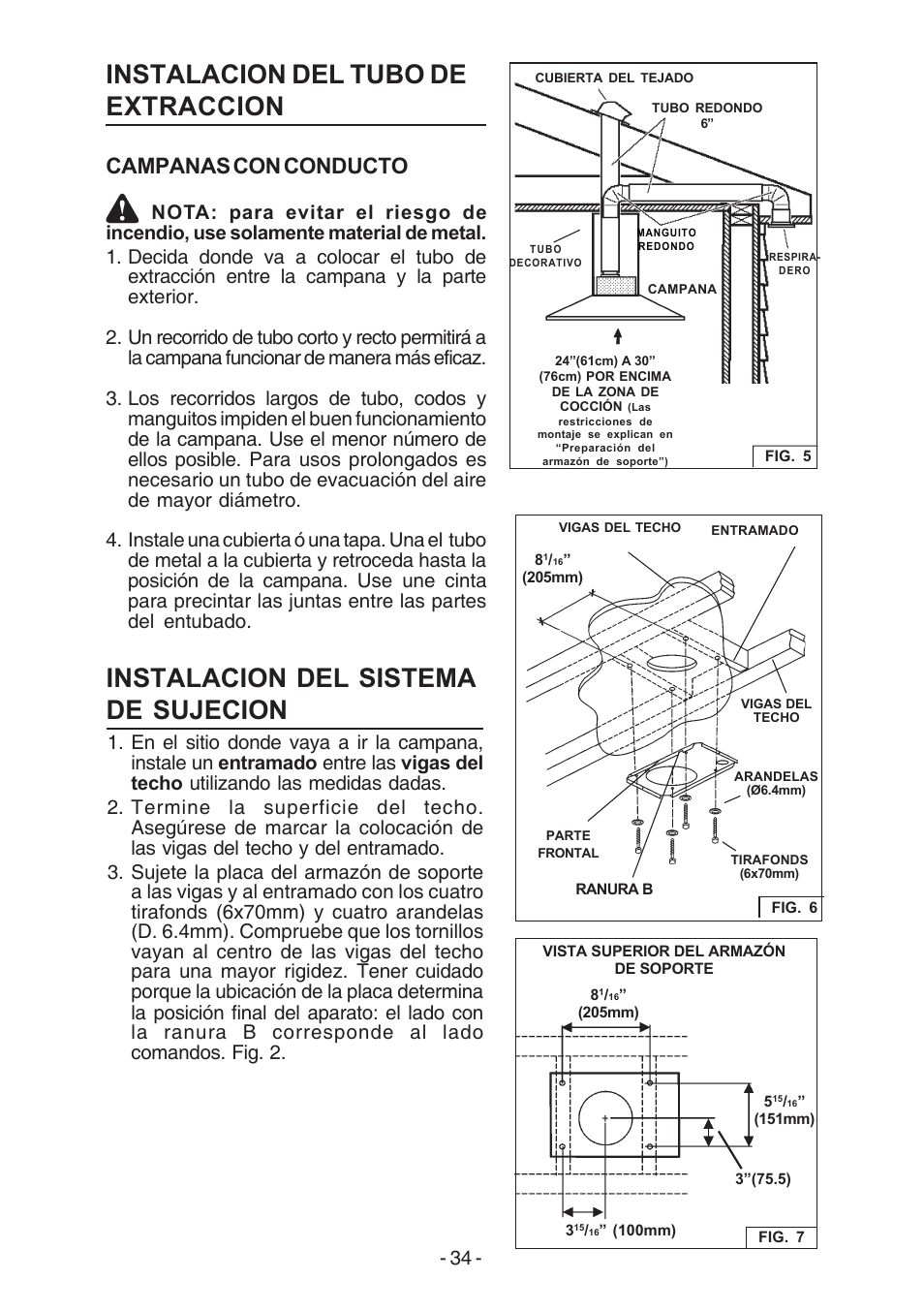 Instalacion del tubo de extraccion, Instalacion del sistema de sujecion, Campanas con conducto | Broan E54000 User Manual | Page 34 / 44