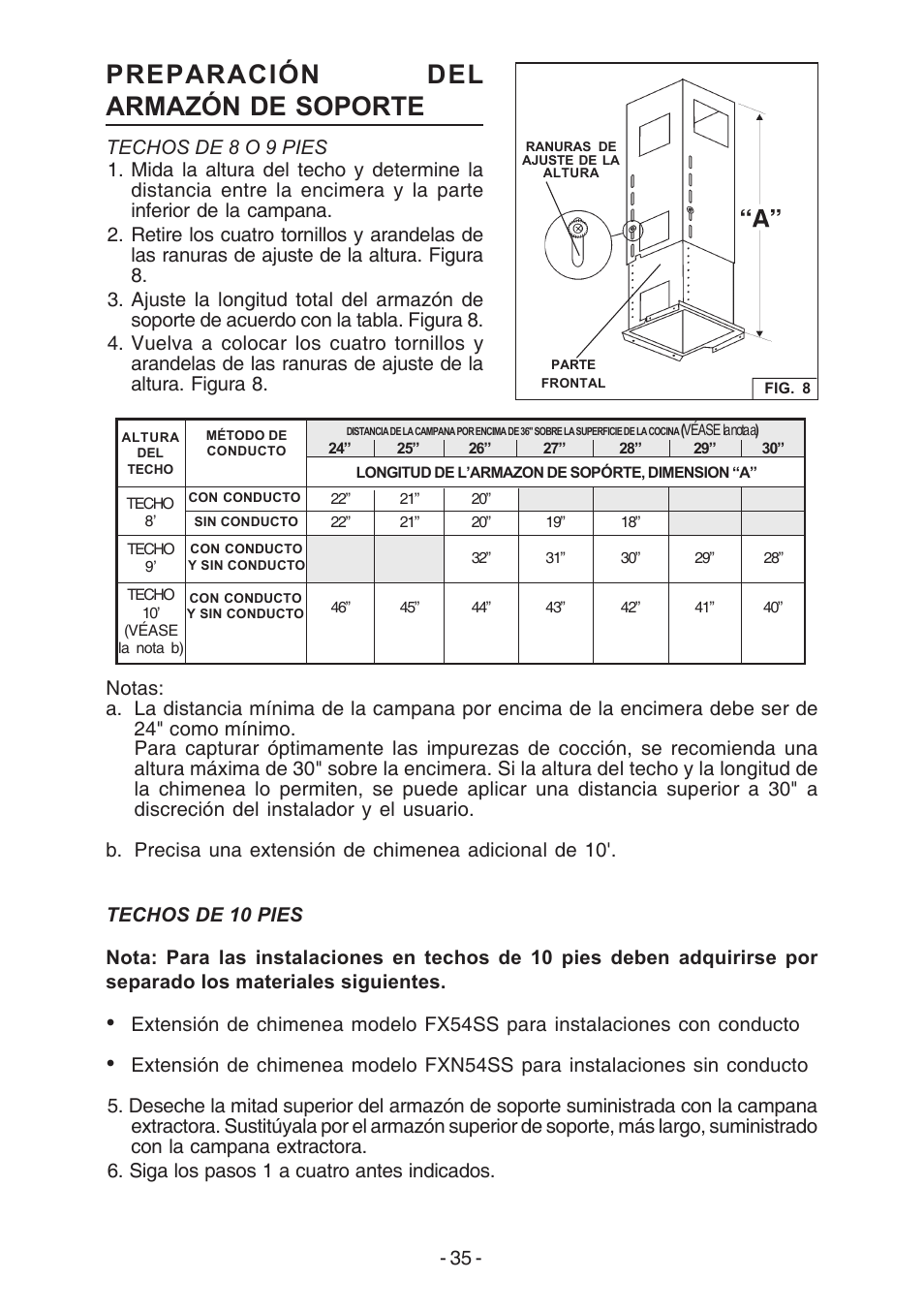 Preparación del armazón de soporte | Broan E54000 User Manual | Page 35 / 44