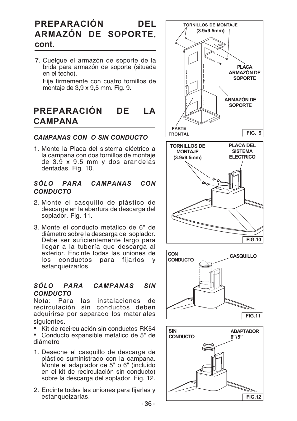 Preparación del armazón de soporte, cont, Preparación de la campana | Broan E54000 User Manual | Page 36 / 44