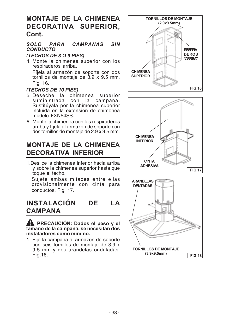 Montaje de la chimenea decorativa superior, cont, Montaje de la chimenea decorativa inferior, Instalación de la campana | Broan E54000 User Manual | Page 38 / 44