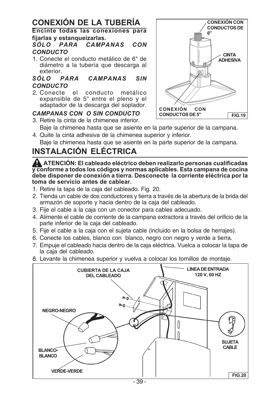 Conexión de la tubería, Instalación eléctrica | Broan E54000 User Manual | Page 39 / 44