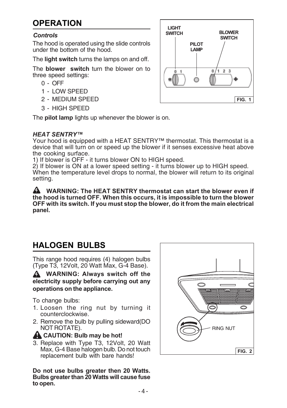 Operation, Halogen bulbs | Broan E54000 User Manual | Page 4 / 44