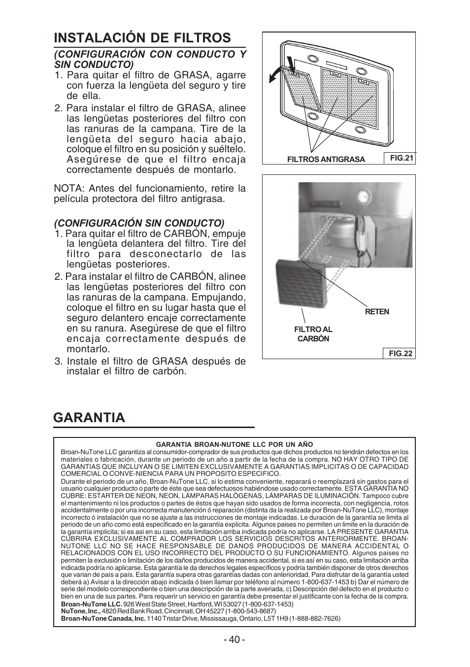 Instalación de filtros, Garantia | Broan E54000 User Manual | Page 40 / 44